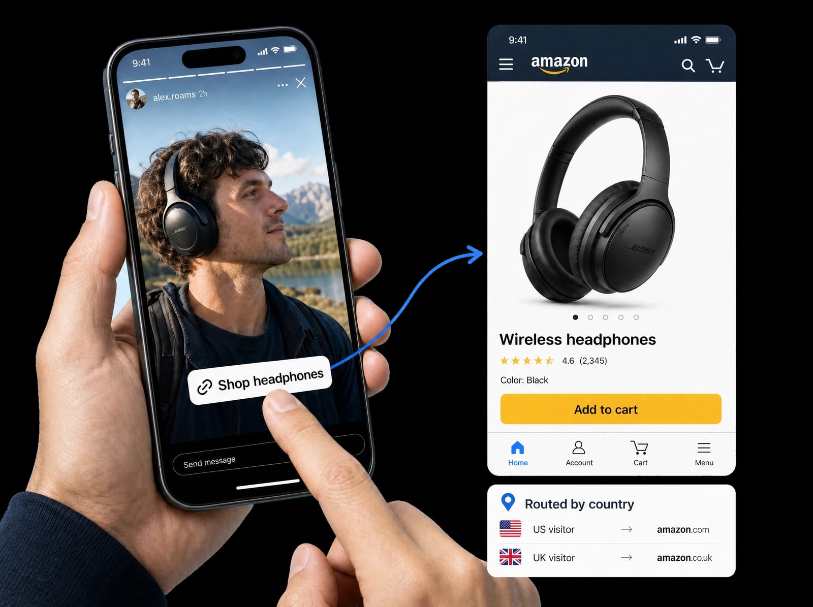 An Instagram product link opening headphones directly in the Amazon app