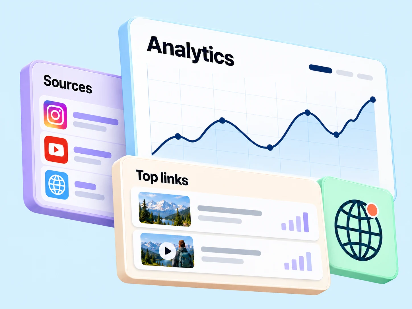 LinkStack analytics showing a traffic chart, referral sources, top links, and country reporting