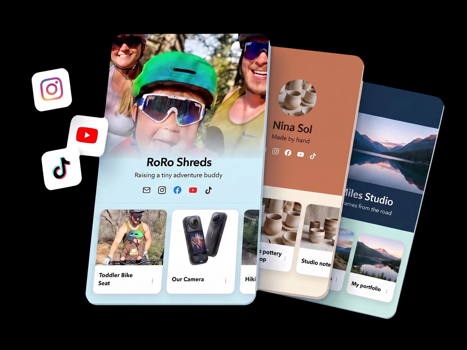 Roro Shreds bio page stacked with two colorful sample creator bios and floating social icons