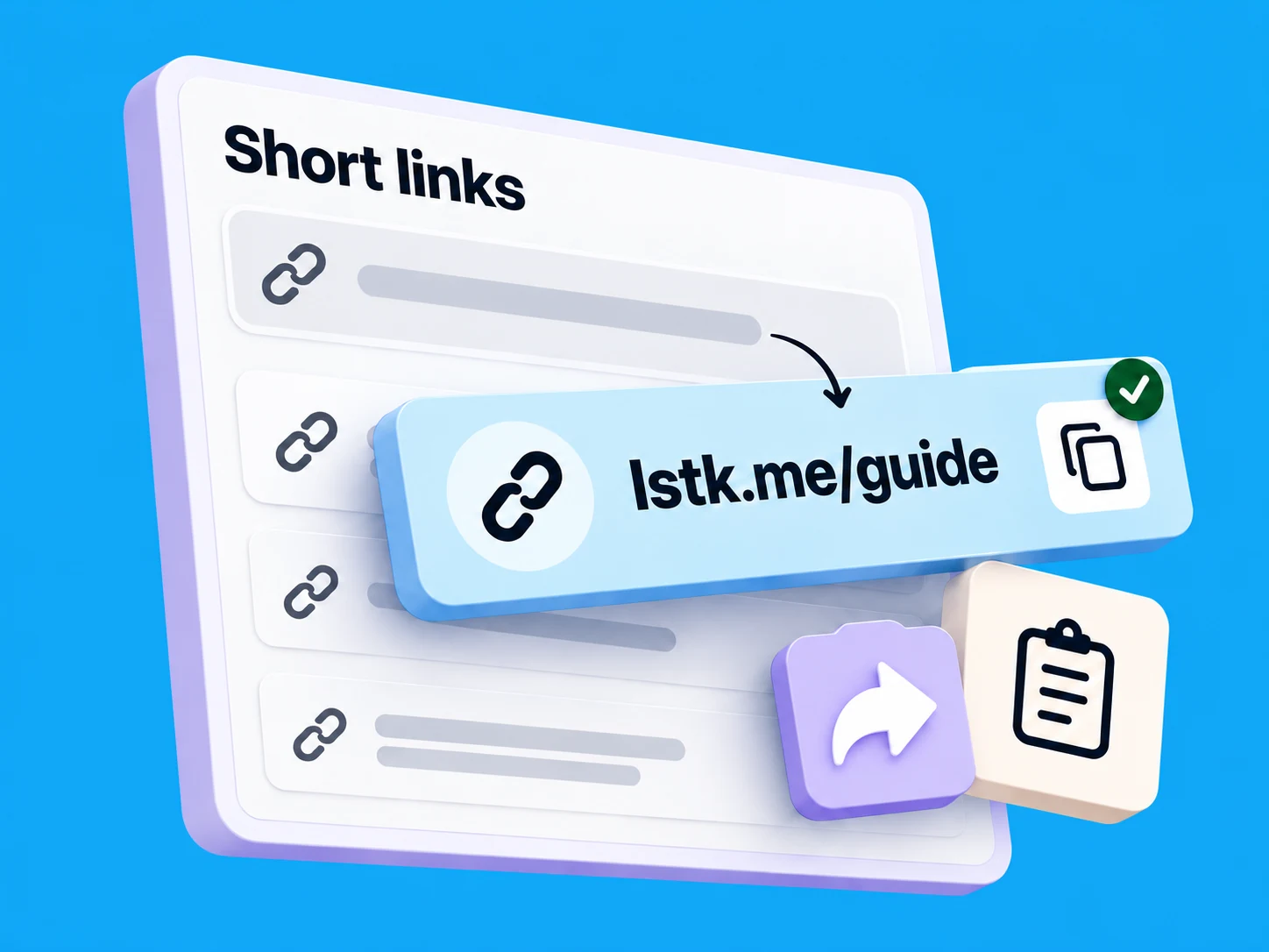 A long destination simplified into a compact LinkStack short link with copy and sharing controls