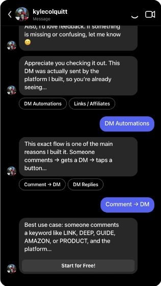 LinkStack's Instagram automation demo with keyword replies and automatic direct messages